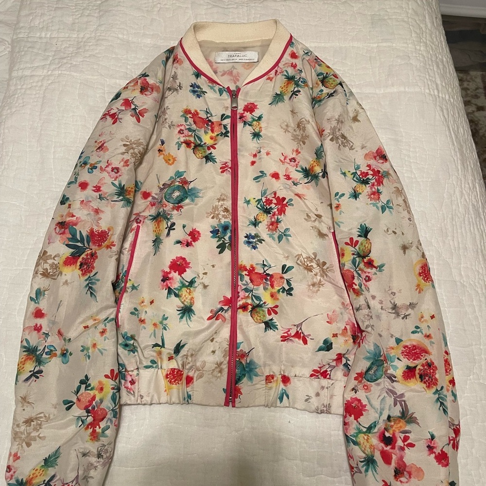 Zara | Multi Colored | Flower Satin Zip Up Jacket | Small